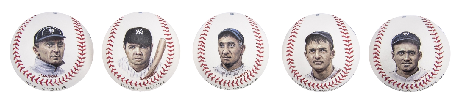 Lot of (5) Baseball Hall of Fame - Original Class of 1936 Hand Painted OML Selig Baseballs - Ty Cobb, Babe Ruth, Honus Wagner, Christy Mathewson, and Walter Johnson